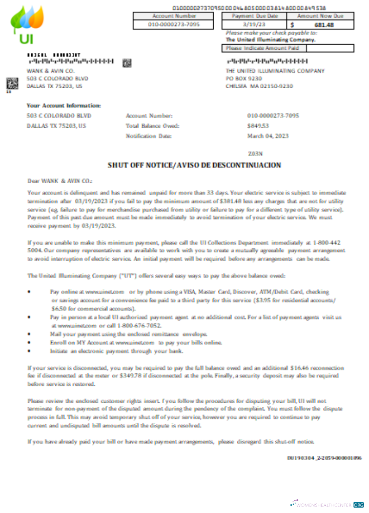 Massachusetts Chelsea SCG The United Illuminating Company shut off notice business bill, SCR